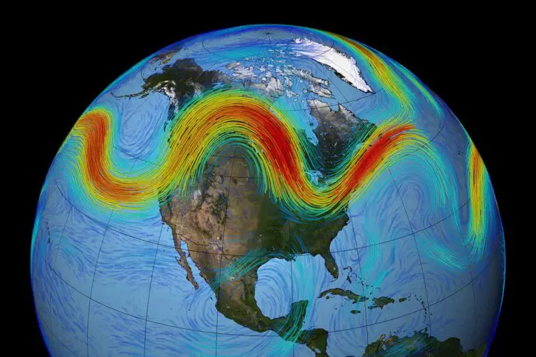 Visualización de la colorida corriente en chorro sobre el hemisferio occidental de la Tierra.