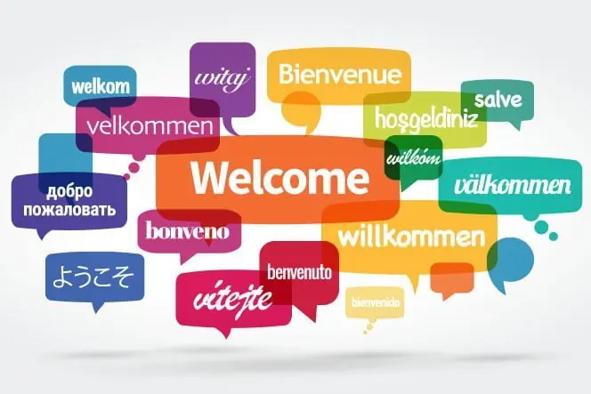 Multilingual welcome messages in speech bubbles graphic.
