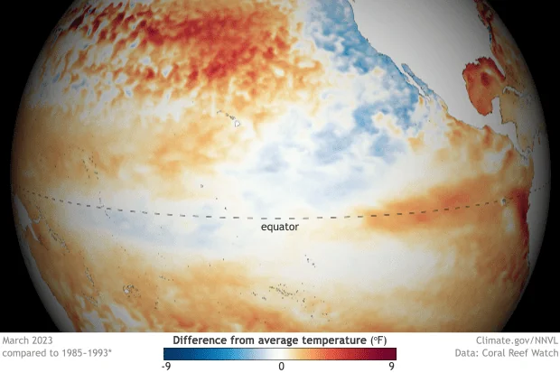 Grafiek die el nino weergeeft in termen van afwijkingen van de gemiddelde zeeoppervlaktetemperatuur van de Stille Oceaan.