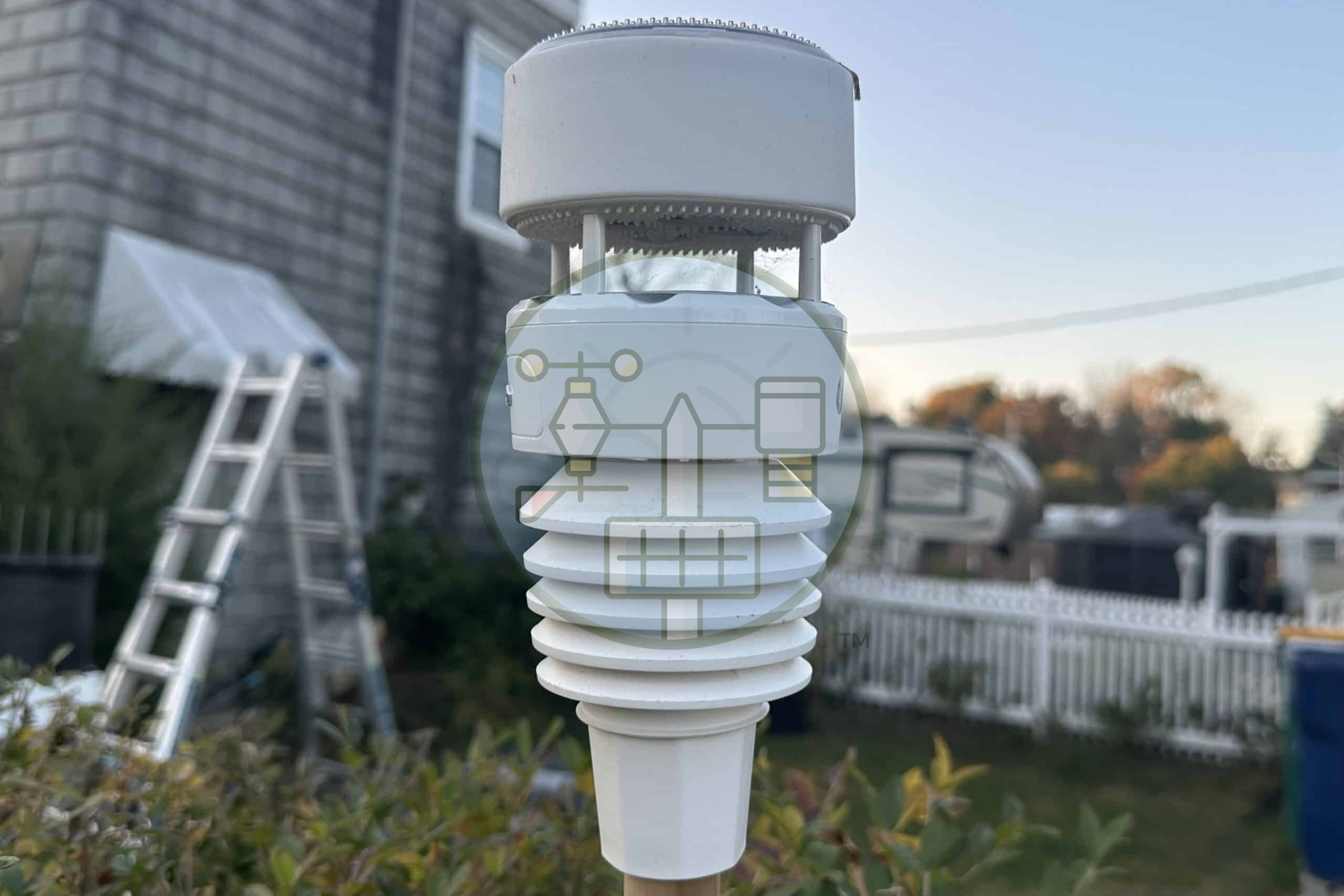Outdoor air quality sensor in residential garden.