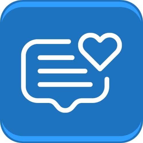 Comment icon with heart in blue square.