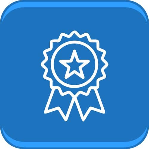 Award medal icon with star on blue background.