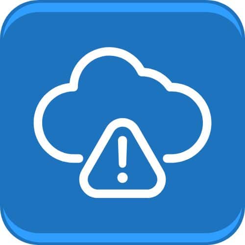 Icono de advertencia de nube en cuadrado azul.