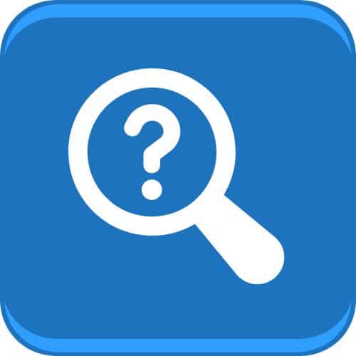 Magnifying glass icon with question mark.