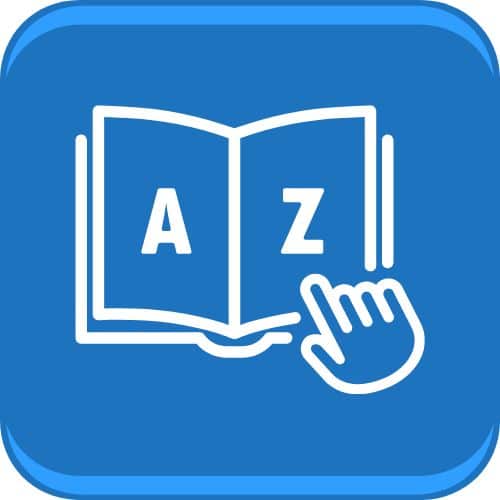 Wörterbuchsymbol mit einer auf ein Buch zeigenden Hand.